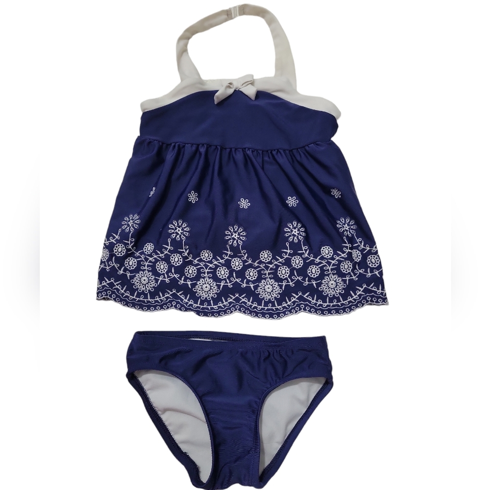 Cat & Jack blue bikini with white floral stitching,  5T